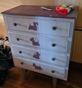 Decoupage 4 level drawer with Scottish terrier design in purple colour