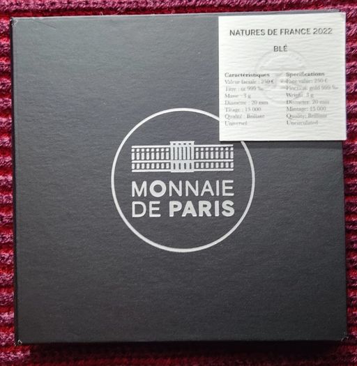 France 250 Euro Gold (.999) Brilliant Uncirculated Coin 2022 - Wheat - Natures de France - Rose Spot