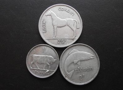 1940 Irish Republic. Set of 3 Silver Coins: Half Crown&Florin&Shilling