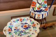 Genuine Antique English Stoneware Chinoiserie Jug and Cake Plate