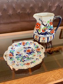 Genuine Antique English Stoneware Chinoiserie Jug and Cake Plate