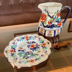 Genuine Antique English Stoneware Chinoiserie Jug and Cake Plate
