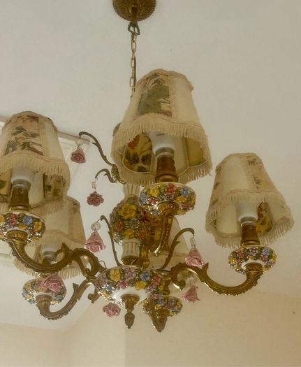 70s Gorgeous Ronantic Brass and Porcelain Chandelier