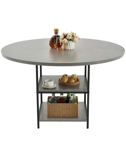 Round Dining Table, 47 inch Wood Table for 4-6 Person, Modern Circle Dinner Furniture, Leisure Tables with Storage Shelf and Metal Legs, for Home Kitchen Living Room, Grey (Only Table)