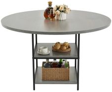 Round Dining Table, 47 inch Wood Table for 4-6 Person, Modern Circle Dinner Furniture, Leisure Tables with Storage Shelf and Metal Legs, for Home Kitchen Living Room, Grey (Only Table)
