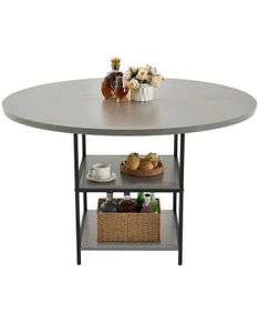 Round Dining Table, 47 inch Wood Table for 4-6 Person, Modern Circle Dinner Furniture, Leisure Tables with Storage Shelf and Metal Legs, for Home Kitchen Living Room, Grey (Only Table)