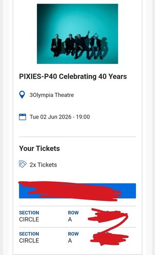 2 x Pixies tickets 2nd June Olympia