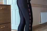 Black Ruched Bum Shiny Leggings with Orange details, size S