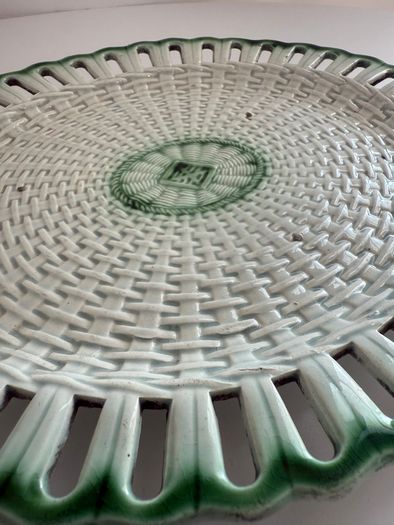 Rare Georgian English Pearlware Reticulated Basket Stand c.1800 to 1830 with Green Rope & Diamond