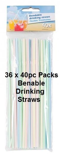 Box of Coloured Party Bendable 40 Pack Drinking Straws x 1440 = 36 Packs