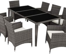 _Poly Rattan Dining Set, 8 Chairs + 1 Dining Table with Glass Tops, Includes 2 Cover Sets and Protective Cover