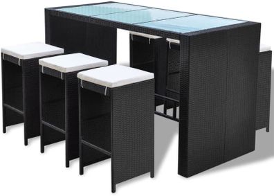 _13-Piece Poly Rattan Bar Set Table and 6 Bar Stools Garden Furniture Brown / Black
