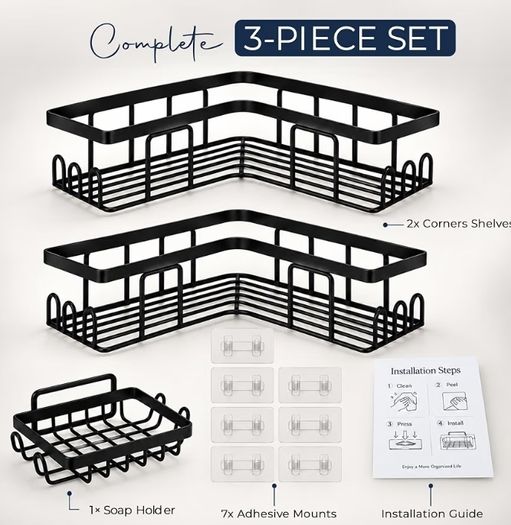 Shower Caddy, Black, 3-Pack | Rustproof, No Drilling, Bathroom Shelf, With Hooks