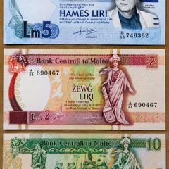 MALTA - Set of 3 Banknotes: 2 5 10 Liri 1986-1994 P 37 45b 47a (XF-UNC)