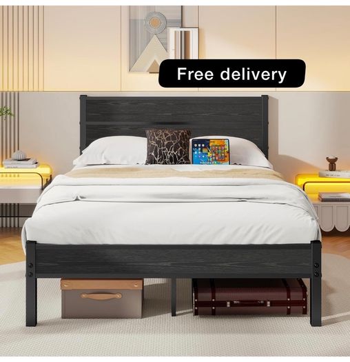 Double Bed Frame with Wooden Headboard