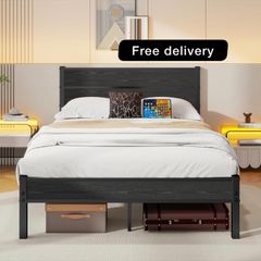 Double Bed Frame with Wooden Headboard