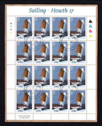 2001 Ireland Sailing (Ruffian, Howth, Sports boat & The Glen) Stamp Sheetlet Plate 1A1A1A1A Fine Used with Dublin CDS cancel of 17th September 2002 (First day of issue) on envelope extract