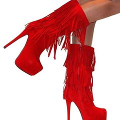BNIB red boohoo fringe high boots