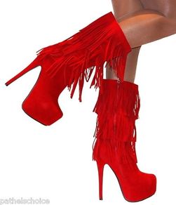 BNIB red boohoo fringe high boots