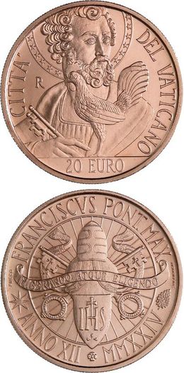 Vatican 20 Euro Commemorative Copper Coin 2024 St Peter BU. ( In Original Box)