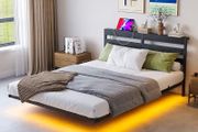 Double 4ft6 Floating Bed Frame with LED Lights USB Charging Station No Box Spring Needed, Metal Slat Support, Noise Free, Double Bed Frame with Storage