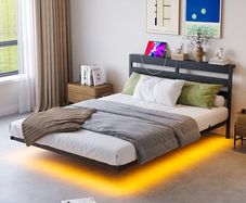 Double 4ft6 Floating Bed Frame with LED Lights USB Charging Station No Box Spring Needed, Metal Slat Support, Noise Free, Double Bed Frame with Storage