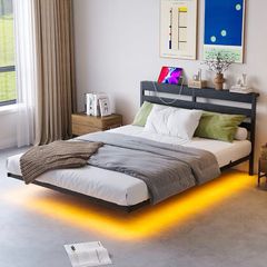 Double 4ft6 Floating Bed Frame with LED Lights USB Charging Station No Box Spring Needed, Metal Slat Support, Noise Free, Double Bed Frame with Storage