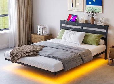 Double 4ft6 Floating Bed Frame with LED Lights USB Charging Station No Box Spring Needed, Metal Slat Support, Noise Free, Double Bed Frame with Storage
