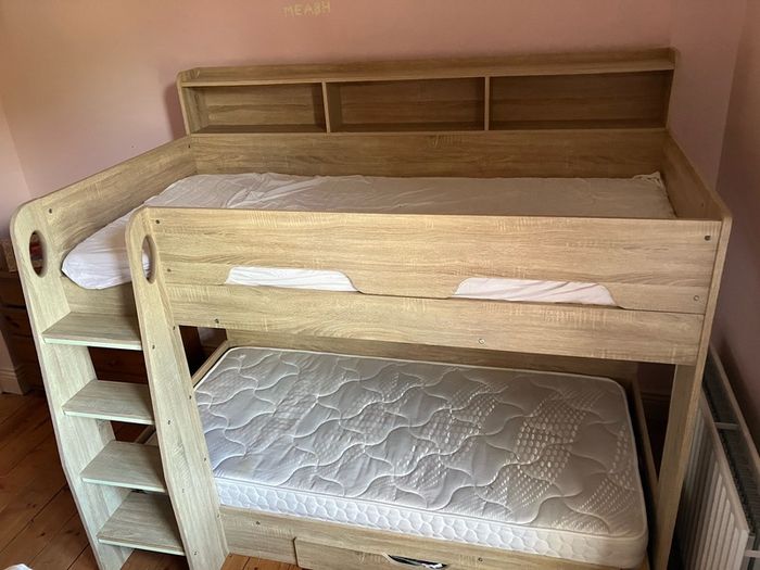 Orion Bunk Bed with Oak Effect, Shelves & Storage Drawer