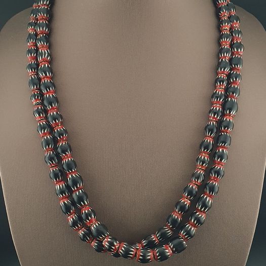 Antique Venetian Style Black Chevron Glass Beads Necklace Strand