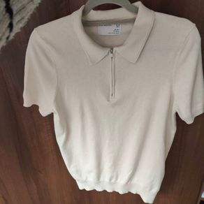 Cream Slim Fit Zip top knit polo shirt , size M
