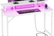 Computer Desk with Power Outlets &amp; LED Lights, 100cm Gaming Desk with Monitor