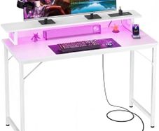 Computer Desk with Power Outlets & LED Lights, 100cm Gaming Desk with Monitor