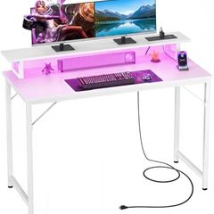 Computer Desk with Power Outlets & LED Lights, 100cm Gaming Desk with Monitor