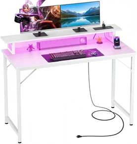 Computer Desk with Power Outlets & LED Lights, 100cm Gaming Desk with Monitor