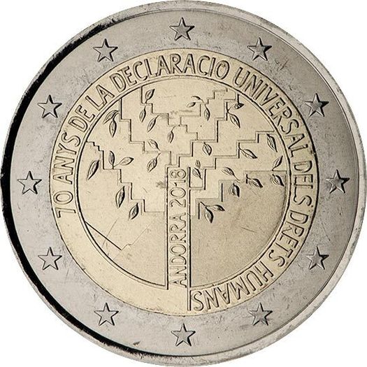 Andorra 2 Euro Commemorative Coin 2018 - 70 Years of the Universal Declaration of Human Rights. Blister Card. BU