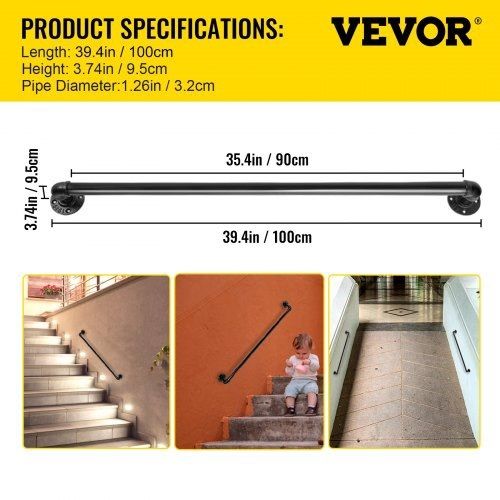Pipe Stair Handrail, 3FT Staircase Handrail, 440LBS Load Capacity Carbon Steel Pipe Handrail, Industrial Pipe Handrail with Wall Mount Support, Round Corner Wall Handrailings for Indoor, Outdoor (FREE SHIPPING)