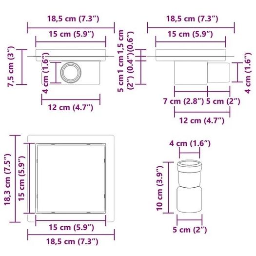 2 in 1 Shower Drain Silver 15 x 15 cm Stainless Steel 304