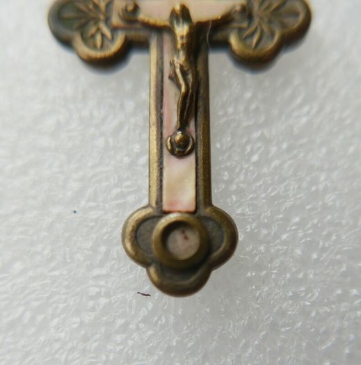 Antique Crucifix Reliquary Pendant Brass and Mother of Pearl Crucifix Pendant