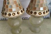 SET OF 2 Small decorative colourful glass candle lamp holder NIGHT LIGHT 17 CM. TALL