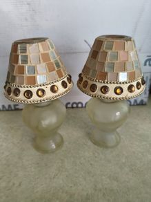SET OF 2 Small decorative colourful glass candle lamp holder NIGHT LIGHT 17 CM. TALL