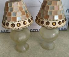 SET OF 2 Small decorative colourful glass candle lamp holder NIGHT LIGHT 17 CM. TALL