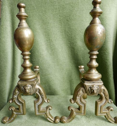 Antique Victorian Brass Fire Side Dogs - Lion Head Brass Fire Dogs