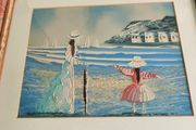 Vintage Small Oil Painting on board framed under glass of lady and child on the beach not signed.