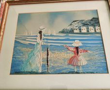 Vintage Small Oil Painting on board framed under glass of lady and child on the beach not signed.