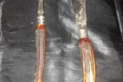 A Pair of Antique Victorian Era Fish Servers with Antler Handles and Engraved Silver Plated Blades, Commonly made in Sheffield in the late 19th Century