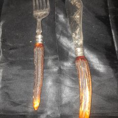 A Pair of Antique Victorian Era Fish Servers with Antler Handles and Engraved Silver Plated Blades, Commonly made in Sheffield in the late 19th Century