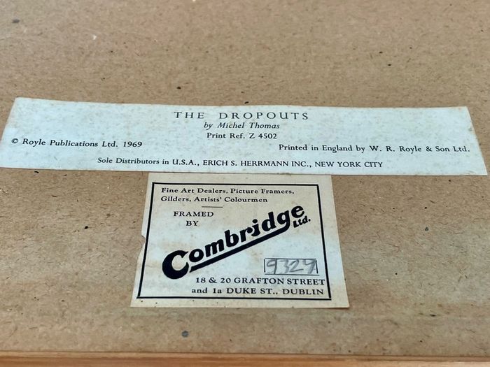 Vintage Teak Framed Certified Art print behind Glass Big Eye Art The Dropouts by Michael Thomas 1969
