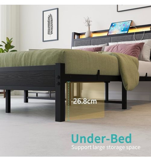 Double Bed Frame, 4FT6 Bed Frame Ergonomics Double with Charging Station and LED Lights, Heavy Duty Platform Full Bed with Fabric Storage Sloped Headboard, No Box Spring Needed, (Black)