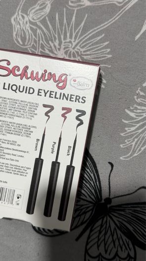 The balm tinted brow gel, clear brow gel, white, black eye pencils, liquid eyeliners